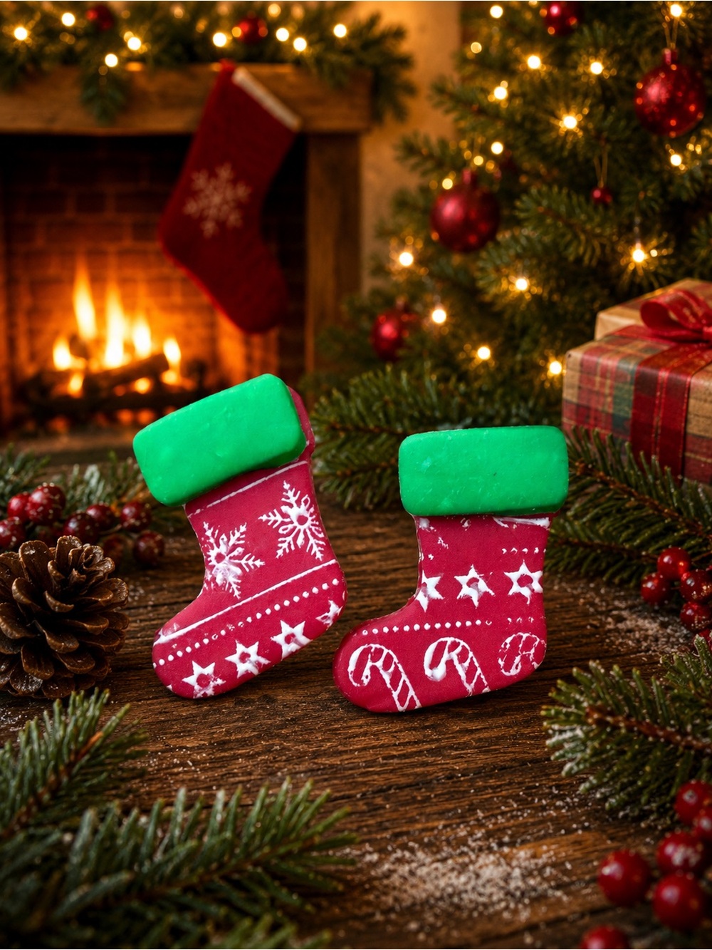 Festive Red Christmas Stocking Handmade Polymer Clay Earrings